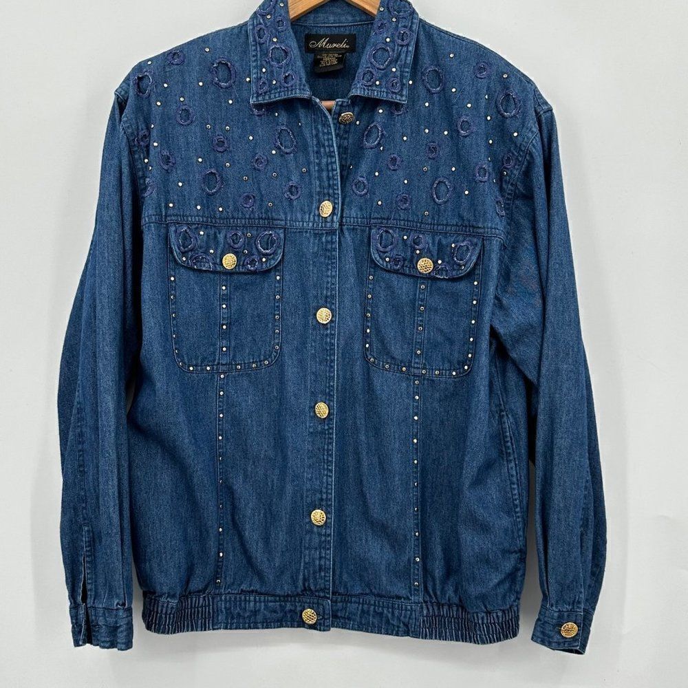 Murelis Vintage Blue Denim Chambray Jacket Womens Medium 80s Y2K Gold Embelished